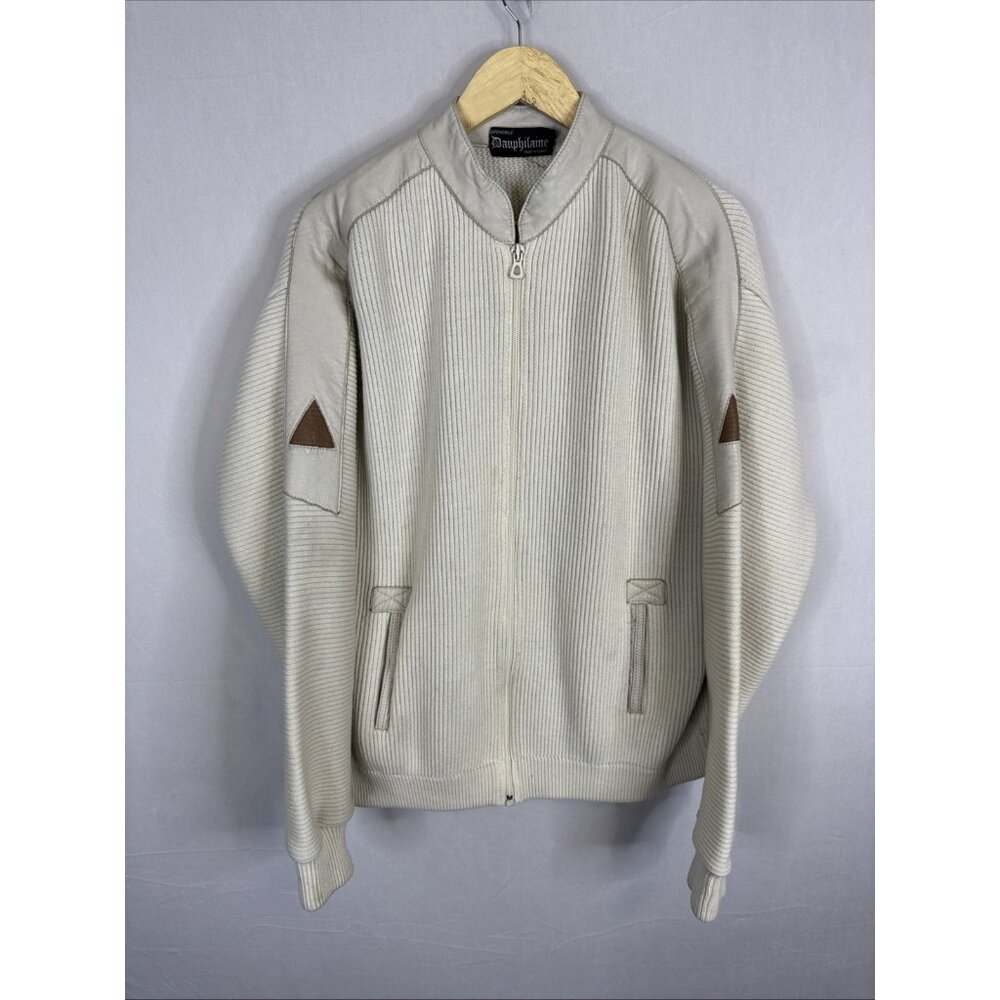 Vintage Dauphilaine Grenoble‎ Wool Knit Leather Trim Zip Jacket Mens L/XL France